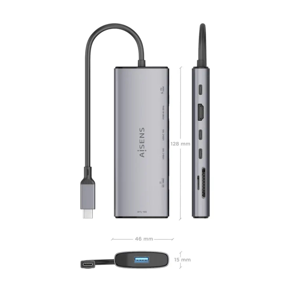 AISENS USB-C Dock 7 en 1. USB-C a 1xHDMI. 1xUSB-A 10G. 2xUSB-C 10G. 1xSD. 1xMicroSD. 1xUSB-C PD 100W. Gris. 20cm - detalle