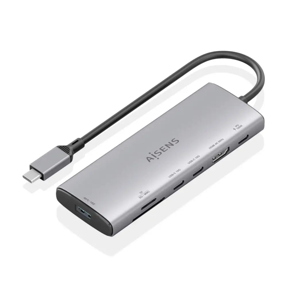 AISENS USB-C Dock 7 en 1. USB-C a 1xHDMI. 1xUSB-A 10G. 2xUSB-C 10G. 1xSD. 1xMicroSD. 1xUSB-C PD 100W. Gris. 20cm