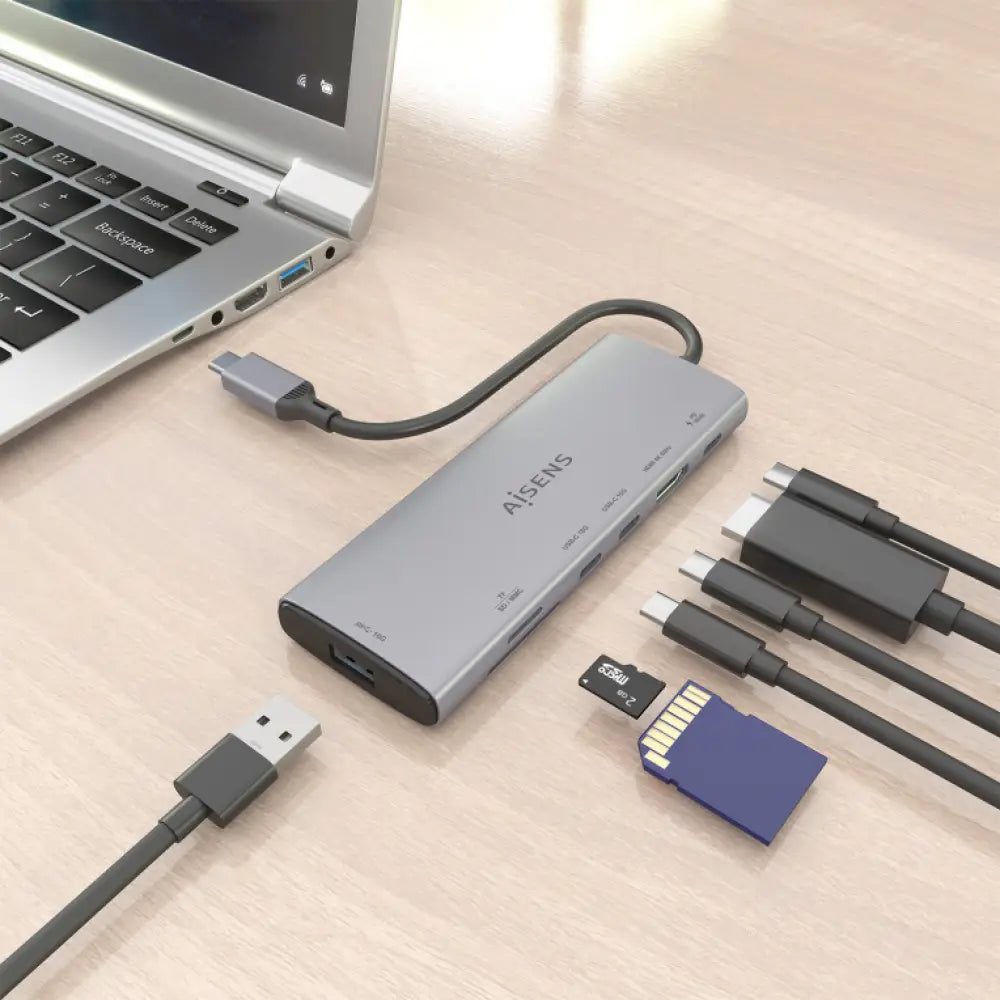 AISENS USB-C Dock 7 en 1. USB-C a 1xHDMI. 1xUSB-A 10G. 2xUSB-C 10G. 1xSD. 1xMicroSD. 1xUSB-C PD 100W. Gris. 20cm - detalle