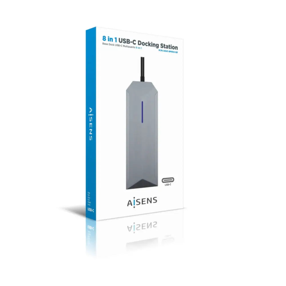 AISENS USB-C dock 8 en 1. USB-C a 1xHDMI. 1xRJ45. 3xUSB. 1xPD. 1xSD. 1xMicroSD. Gris. 15 cm - detalle