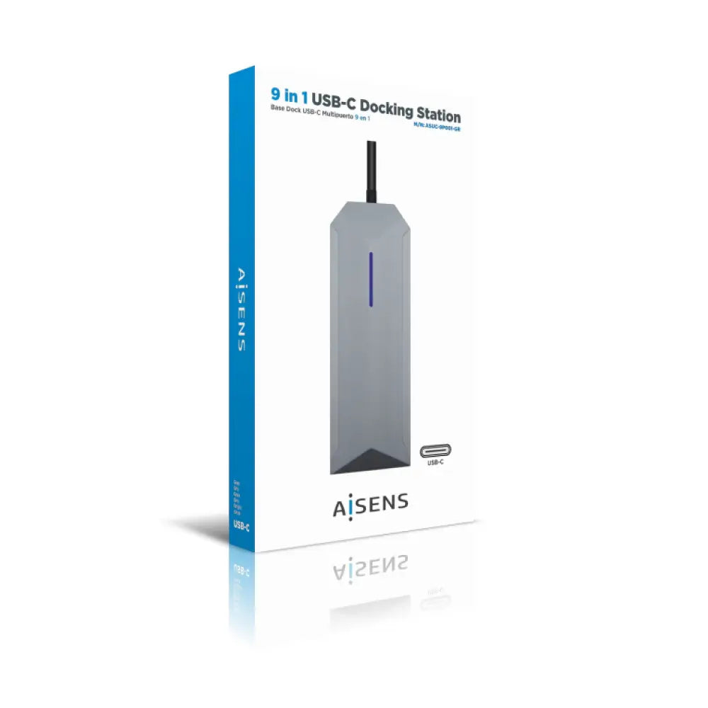 AISENS USB-C Dock 9 en 1. USB-C a 1x HDMI. 1xRJ45. 3x USB. 1x PD. 1x Audio. 1x SD. 1x Micro SD. Gris. 15 cm - detalle