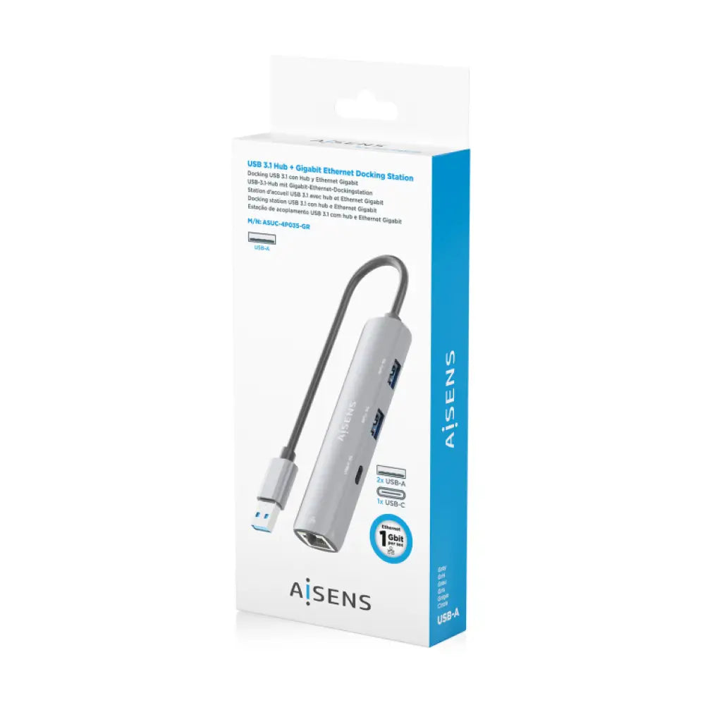 AISENS USB3.0 Dock USB-A A Ethernet Gigabit + Hub 1xUSB-C+2xUSB-A. Gris. 15cm - detalle