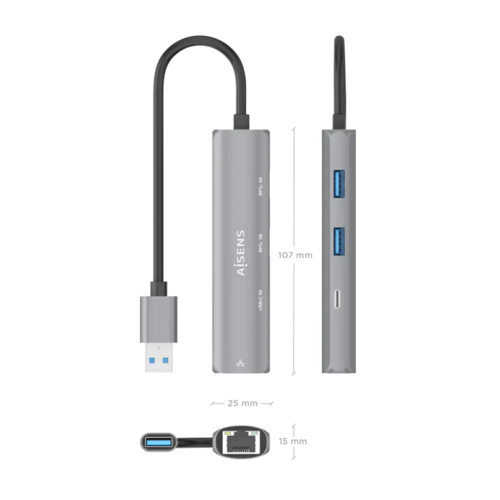 AISENS USB3.0 Dock USB-A A Ethernet Gigabit + Hub 1xUSB-C+2xUSB-A. Gris. 15cm - detalle