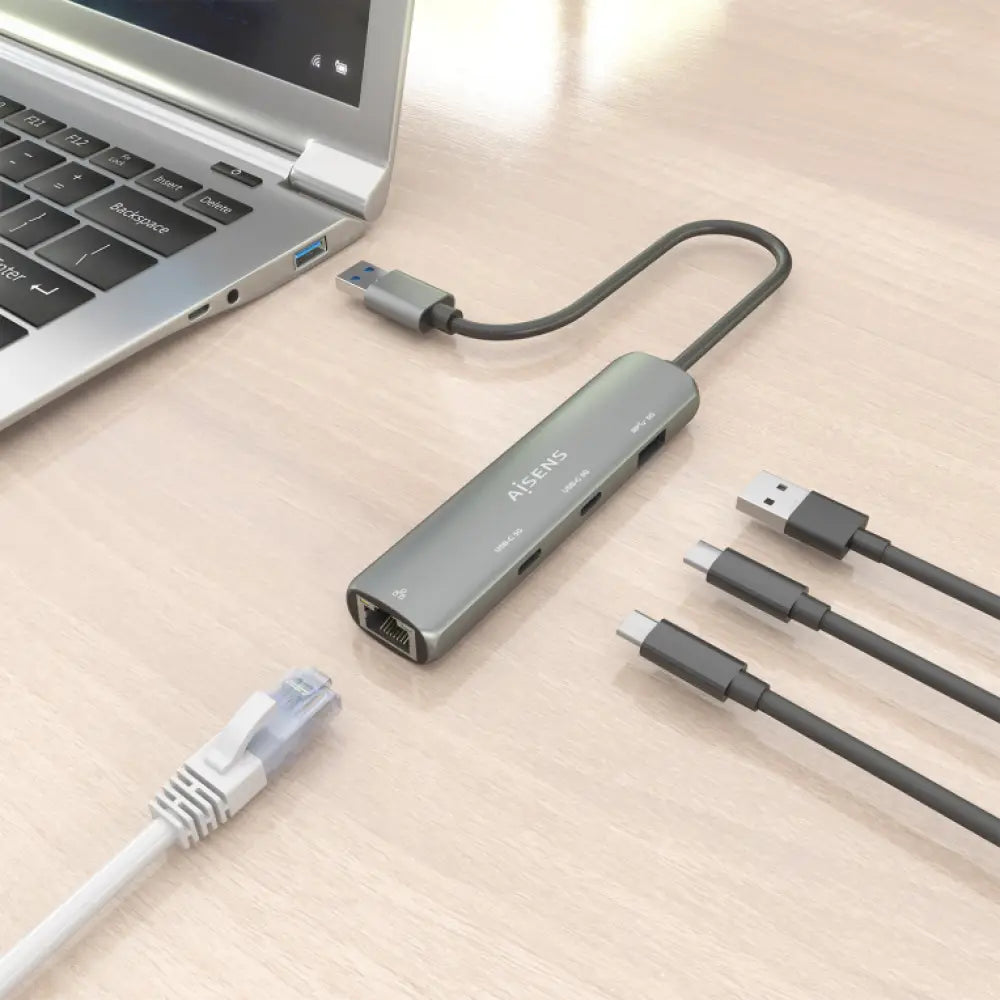 AISENS USB3.0 Dock USB-A A Ethernet Gigabit + Hub 2xUSB-C+1xUSB-A. Gris. 15cm - detalle