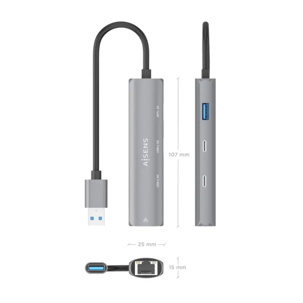 AISENS USB3.0 Dock USB-A A Ethernet Gigabit + Hub 2xUSB-C+1xUSB-A. Gris. 15cm - detalle
