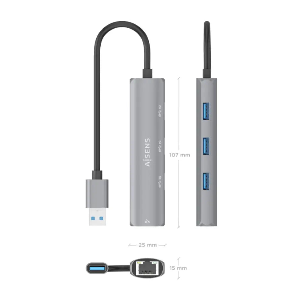 AISENS USB3.0 Dock USB-A A Ethernet Gigabit + Hub 3xUSB-A. Gris. 15cm - detalle