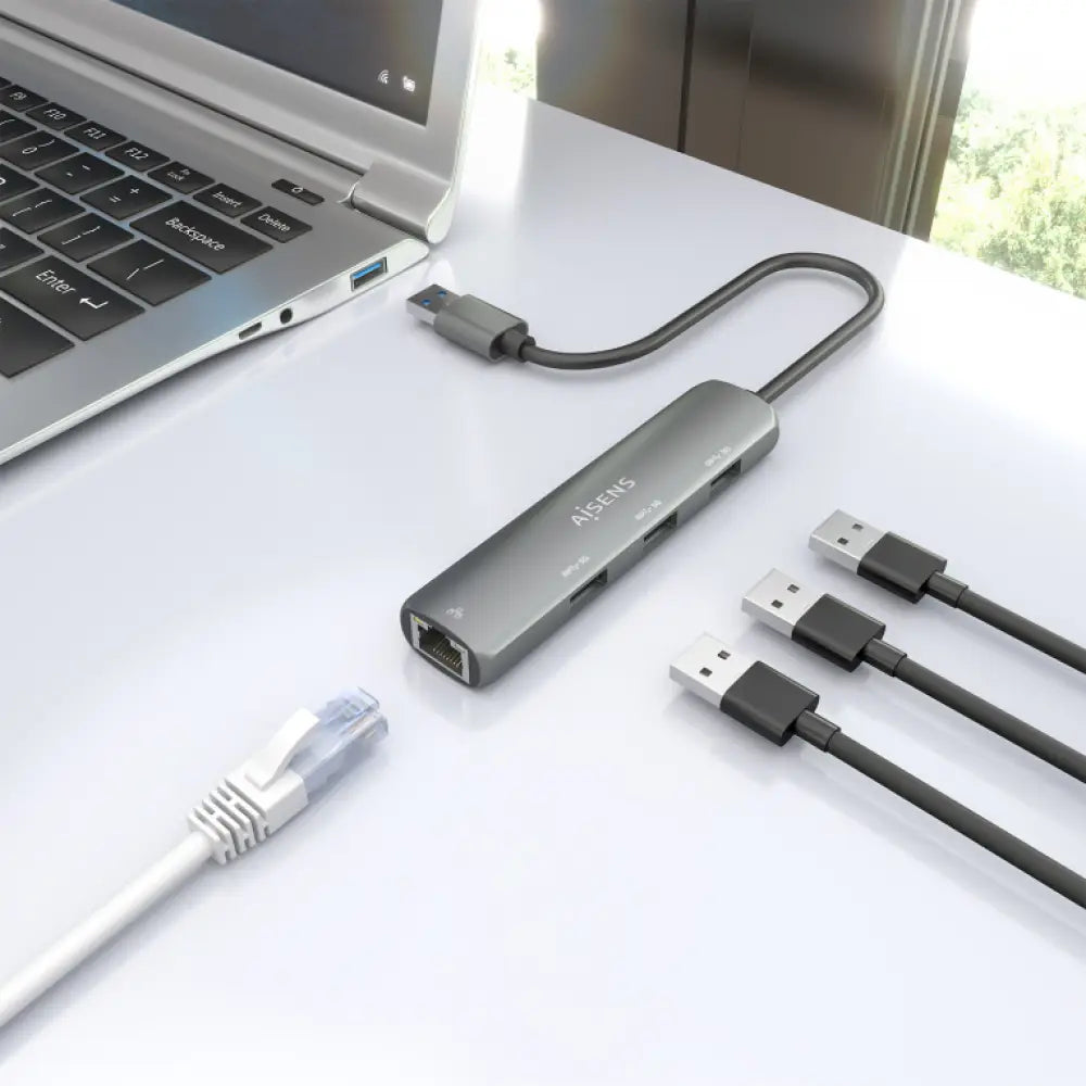 AISENS USB3.0 Dock USB-A A Ethernet Gigabit + Hub 3xUSB-A. Gris. 15cm - detalle