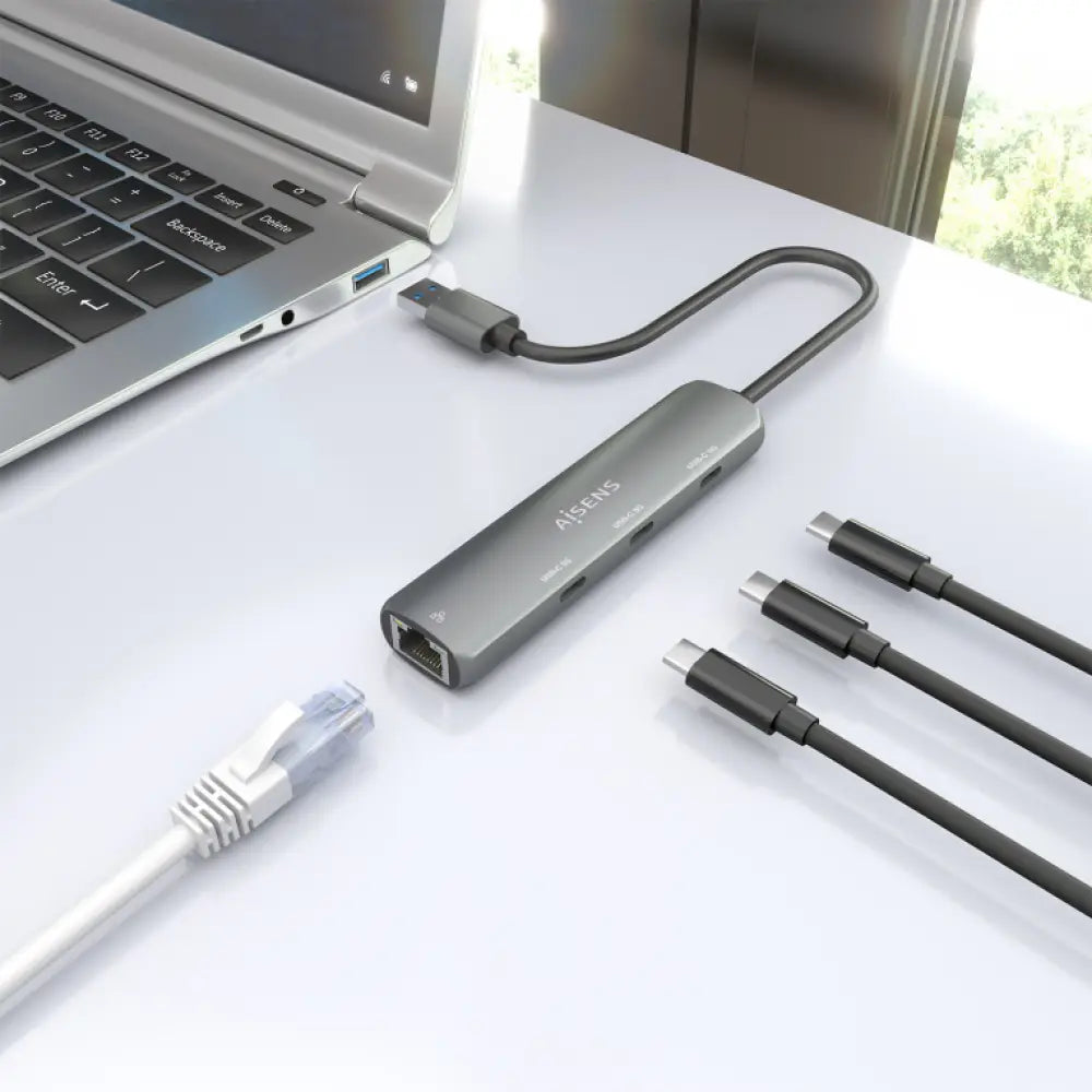 AISENS USB3.0 Dock USB-A A Ethernet Gigabit + Hub 3xUSB-C. Gris. 15cm - detalle