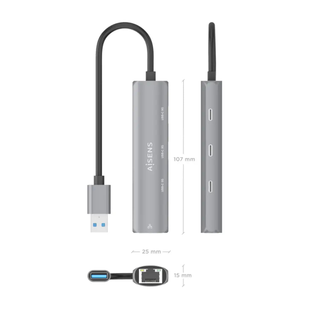AISENS USB3.0 Dock USB-A A Ethernet Gigabit + Hub 3xUSB-C. Gris. 15cm - detalle
