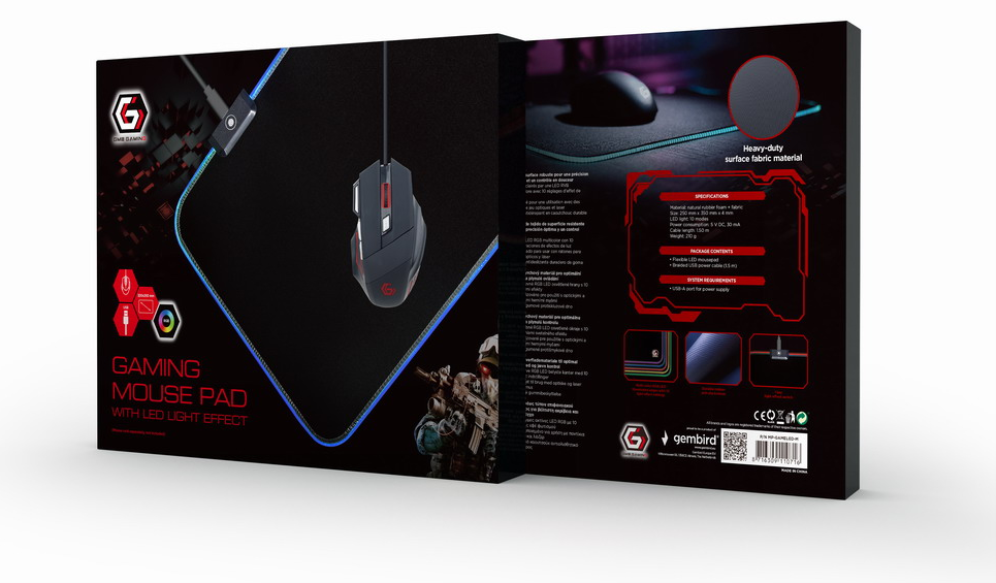 ALFOMBRILLA GAMING GEMBIRD LUZ LED NEGRO M 350X250X4 RGB - detalle