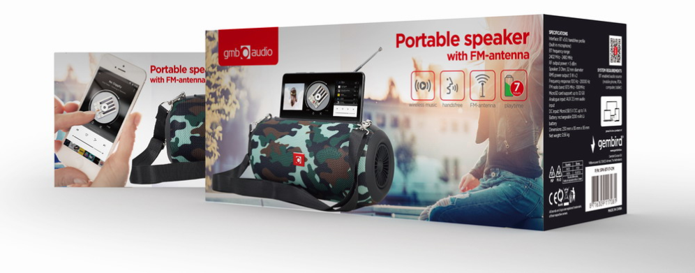 ALTAVOZ PORTATIL GEMBIRD SPK-BT-17-CM COM RADIO FM 2X5W RMS BLUETOOTH CAMUFLAJE - detalle