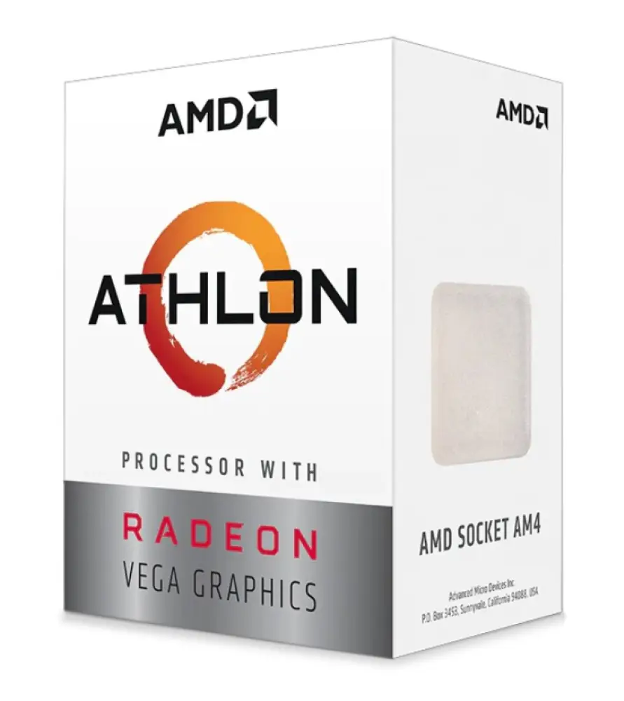 Procesador AMD Athlon 3000G con velocidad de 3.5 GHz y 4 MB de caché L3, en caja.
