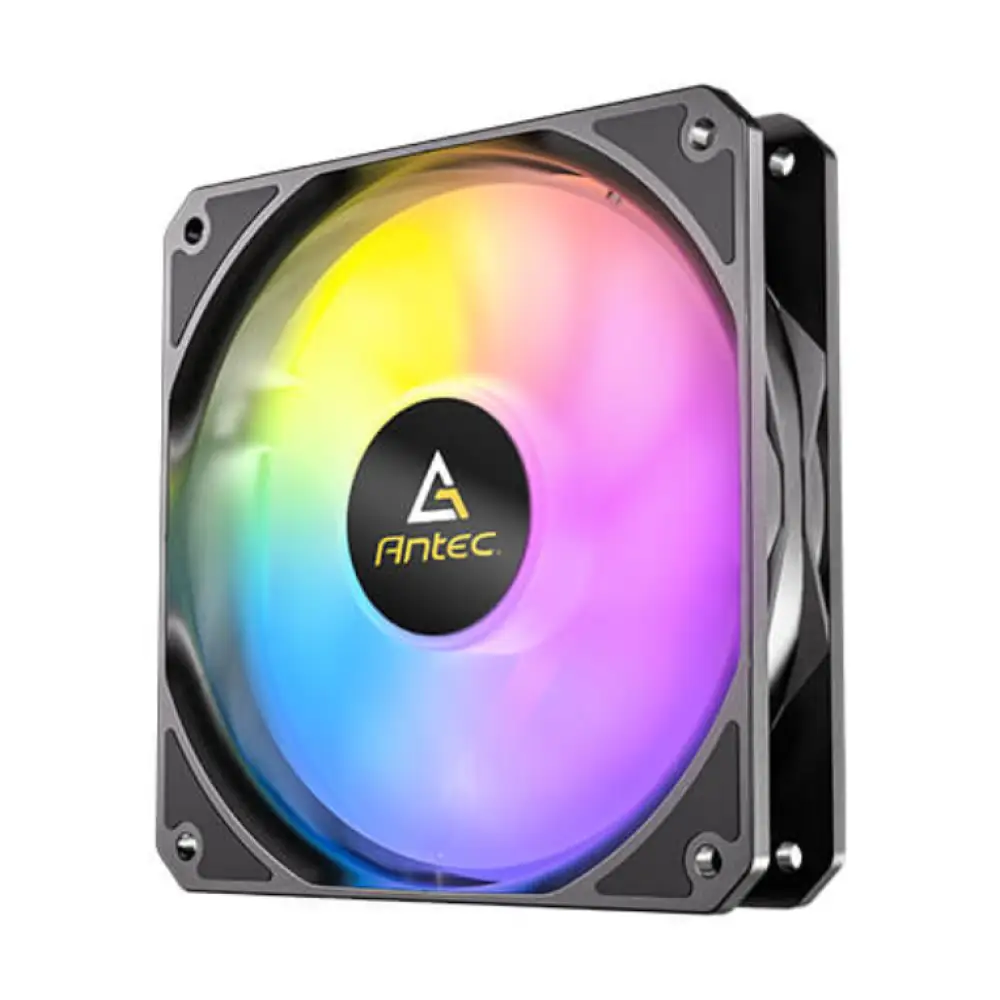 Tres ventiladores ANTEC P12 ARGB negros para carcasa de ordenador, con iluminación ARGB y diseño en color negro.
