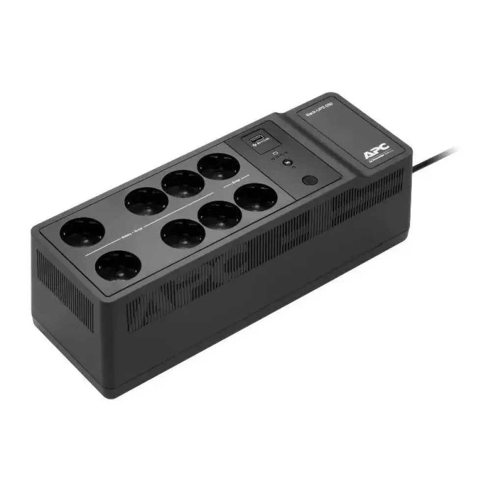 SAI APC Back-UPS 650VA 230V con 8 tomas y 1 puerto USB, protección de energía para dispositivos electrónicos.