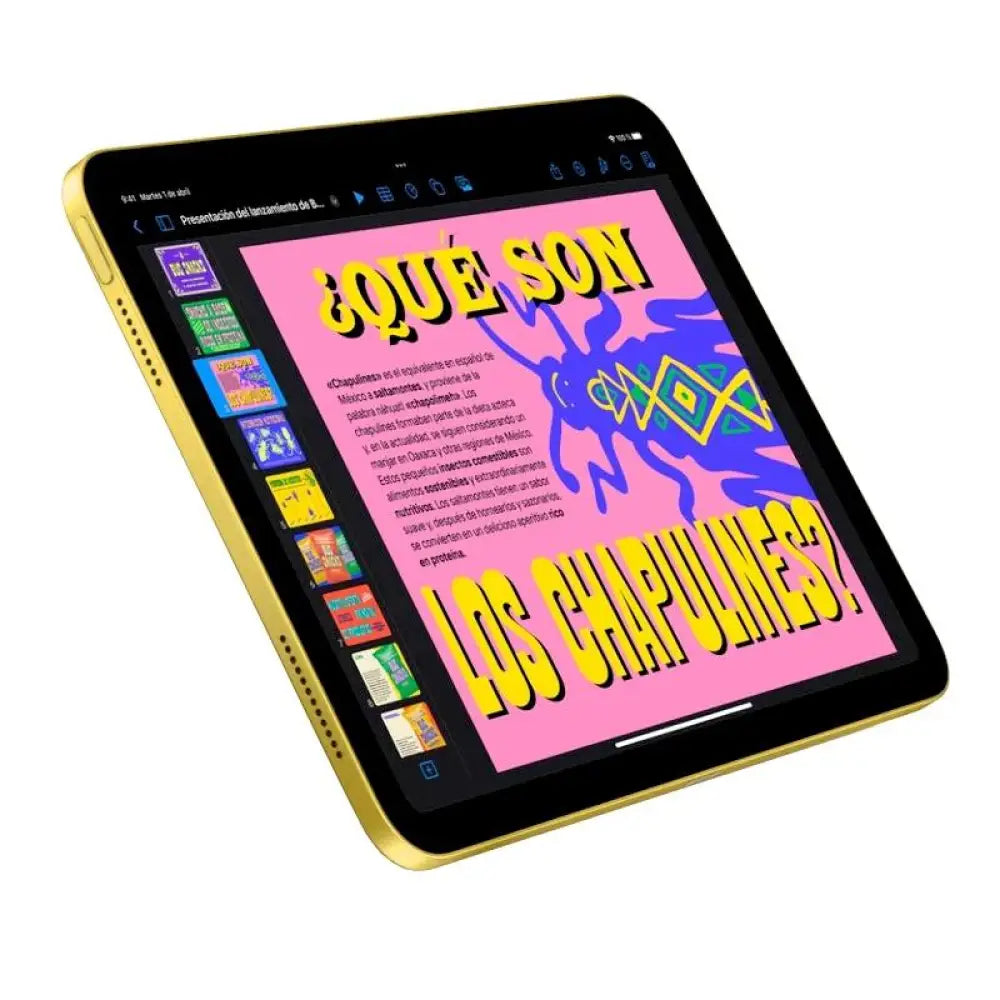 Tableta Apple iPad WiFi de 256GB en color amarillo, vista frontal mostrando la pantalla y diseño elegante.