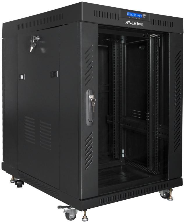ARMARIO LANBERG RACK 19" 15U 600X800 FLAT PACK NEGRO PUERTA CRISTAL CON LCD - detalle