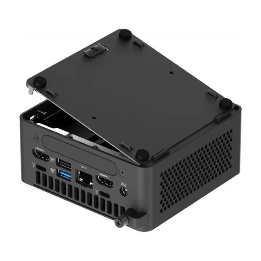 Mini PC semiensamblado ASUS NUC RNUC15CRHI300002 con procesador Intel Core 3-100U, vista frontal con puertos y ventilador