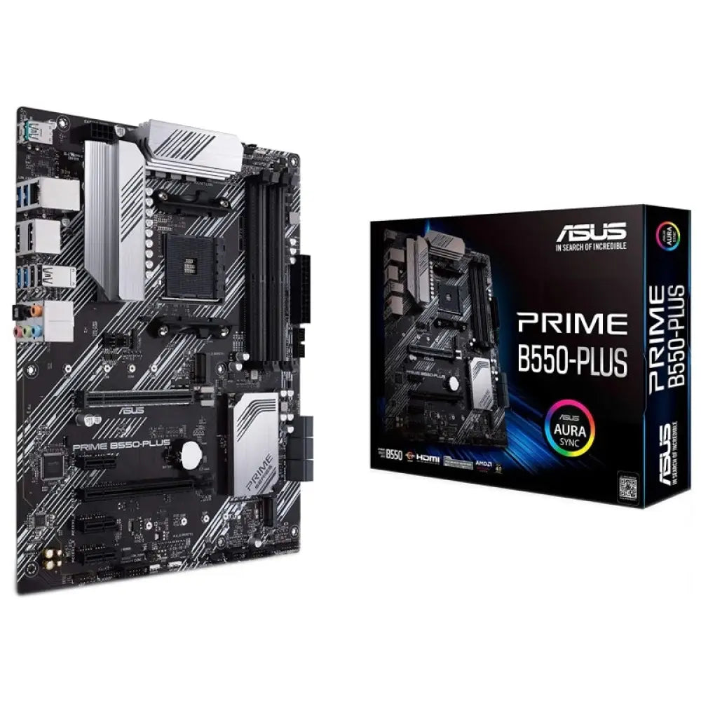 Placa base ASUS PRIME B550-PLUS ATX para procesadores AMD con socket AM4, vista de la tarjeta madre con puertos y conexiones.