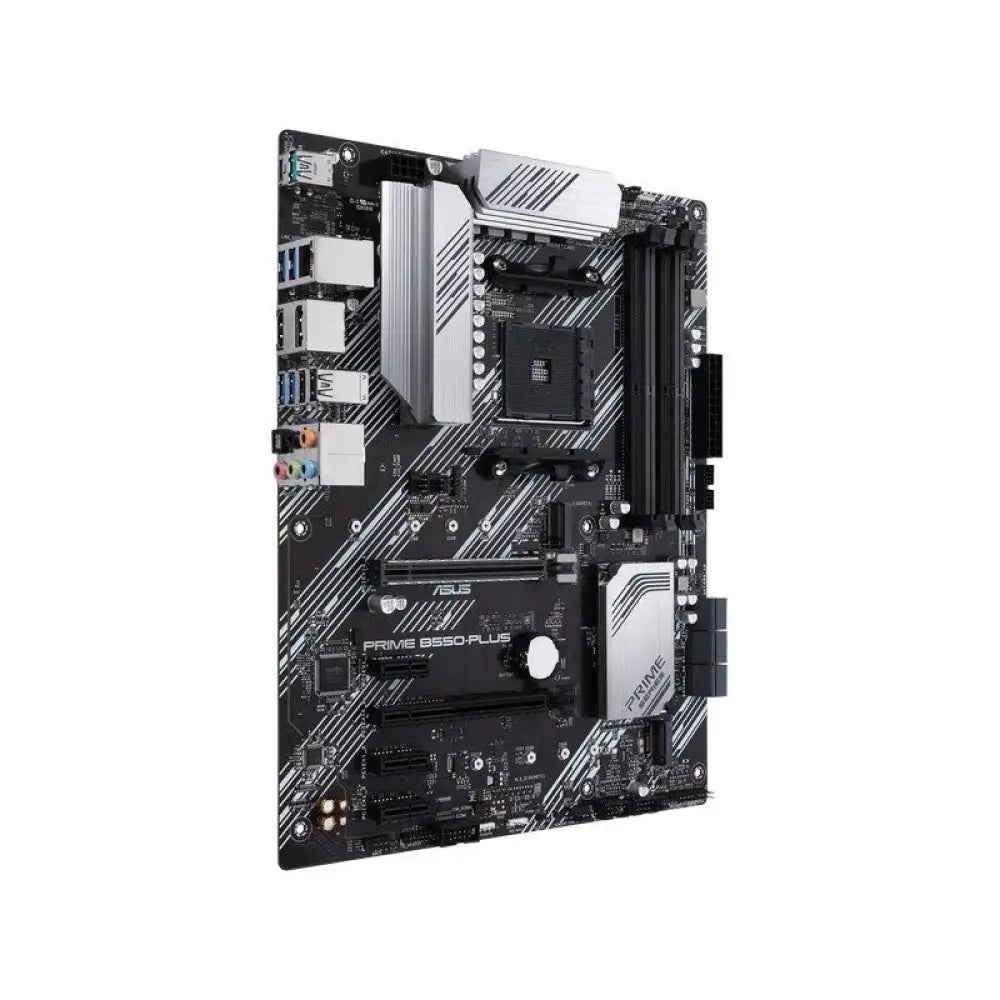 Placa base ASUS PRIME B550-PLUS ATX para AMD socket AM4, vista frontal con puertos y slots de expansión.