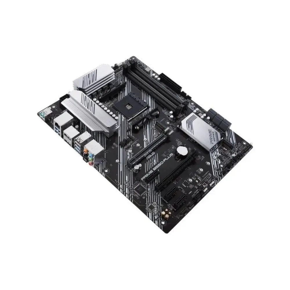 Placa base ASUS PRIME B550-PLUS ATX con socket AMD AM4, vista frontal con puertos y conectores en la imagen