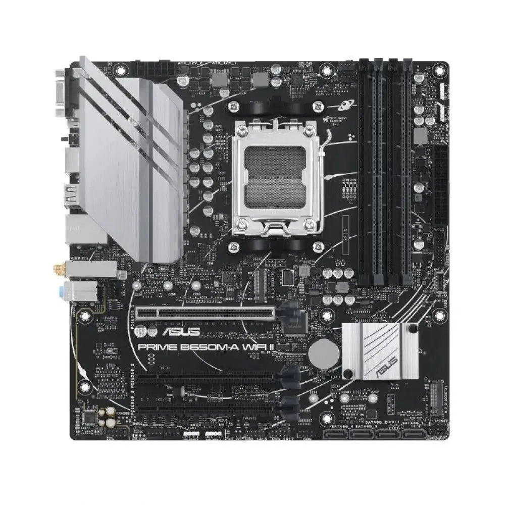 Placa base ASUS PRIME B650M-A WIFI II mATX para AMD socket AM5, vista frontal con puertos y componentes internos visibles