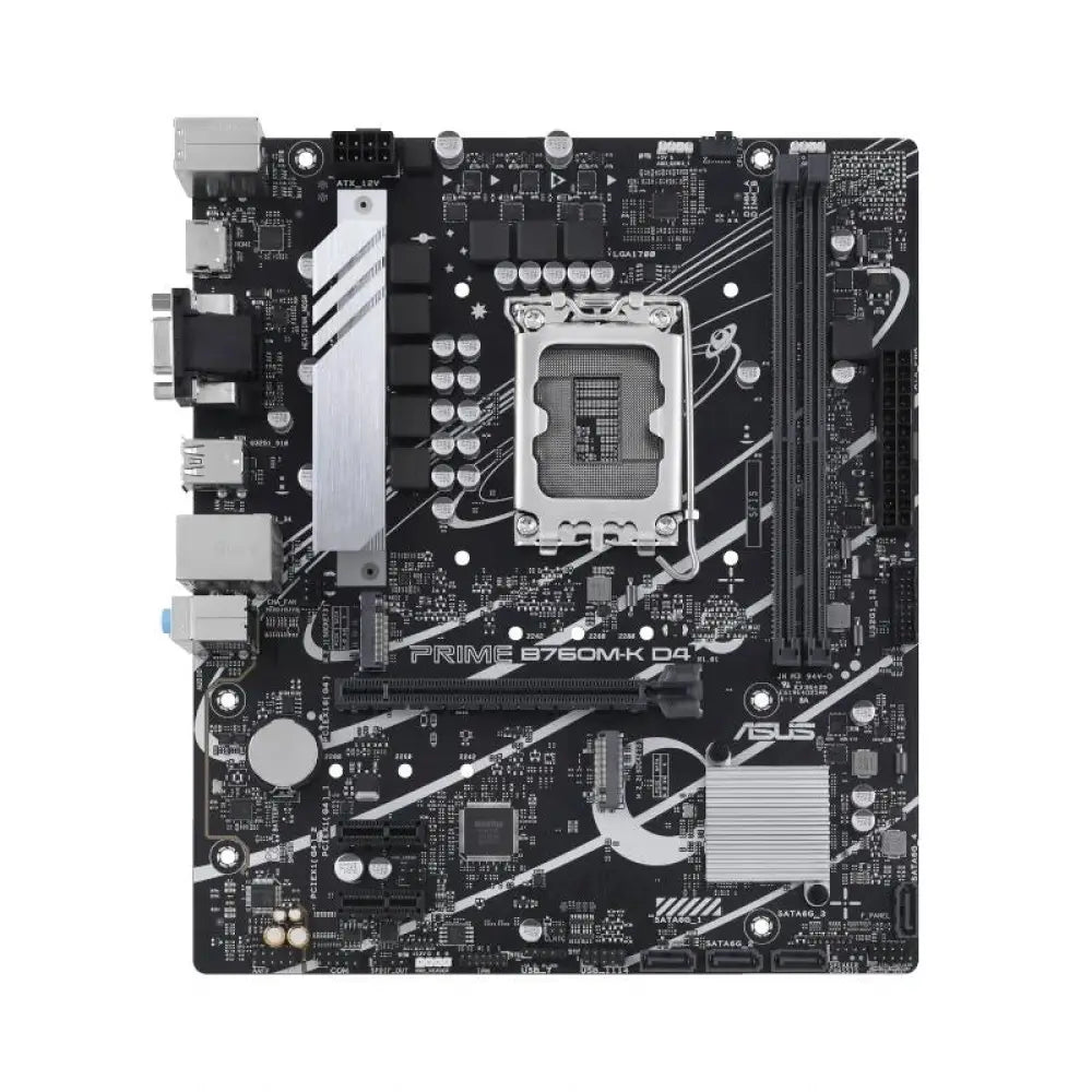 Placa base ASUS PRIME B760M-K D4 mATX con socket Intel 1700, vista de la tarjeta con componentes y ranuras de expansión