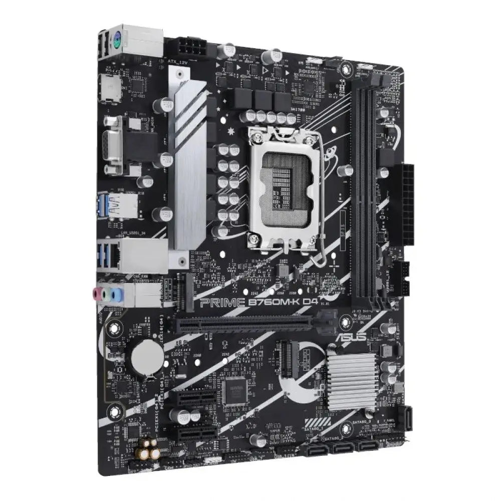 Placa base ASUS PRIME B760M-K D4 mATX con socket Intel 1700, vista de la tarjeta madre con componentes y puertos.