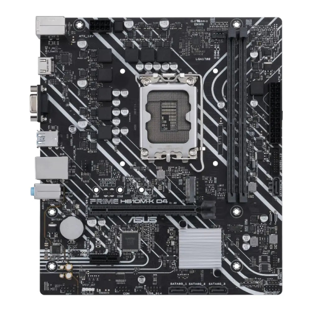Placa base ASUS PRIME H610M-K D4 mATX con socket Intel LGA1700, vista de la tarjeta madre con puertos y componentes.