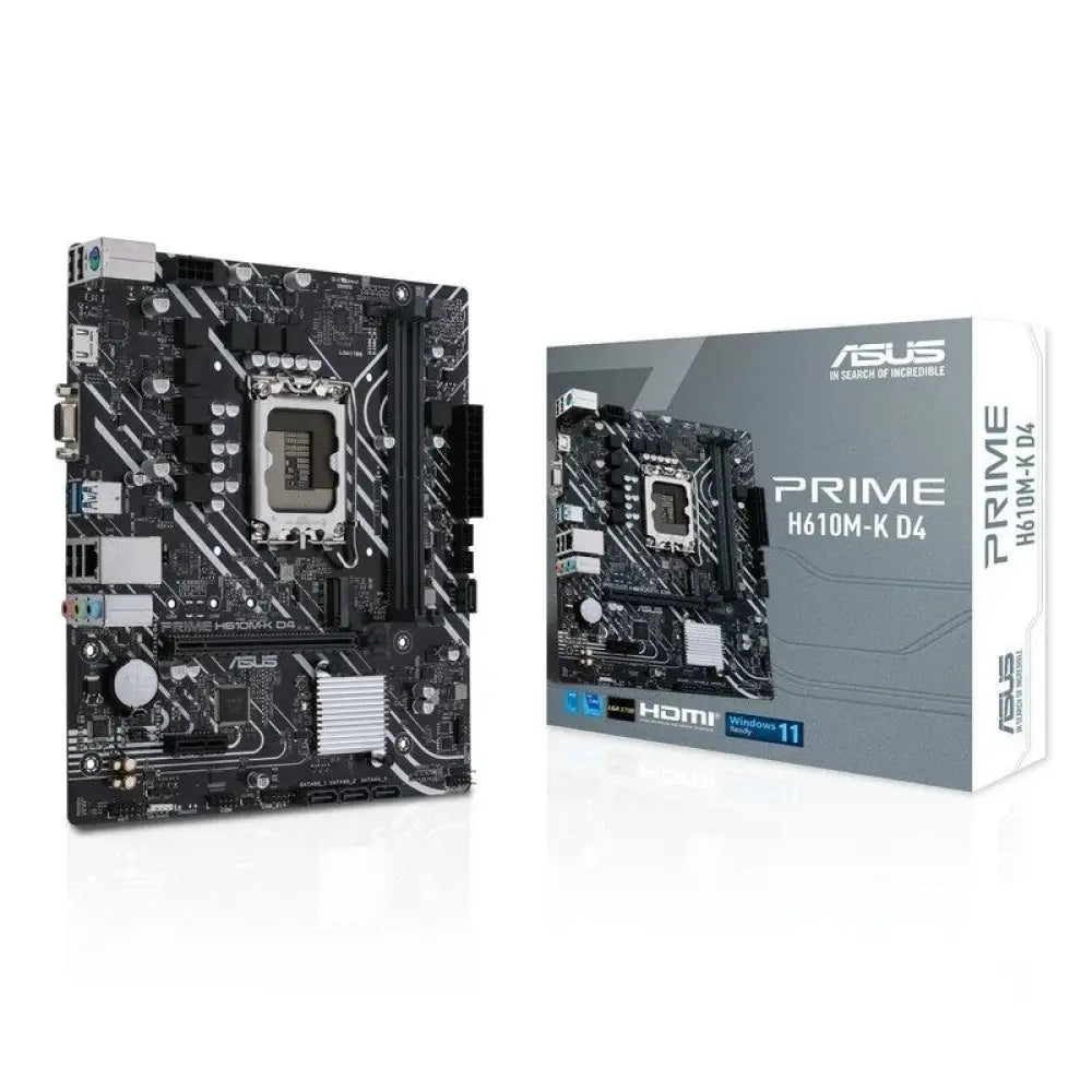 Placa base ASUS PRIME H610M-K D4 para socket Intel LGA1700, tamaño mATX, vista superior con conectores y componentes.