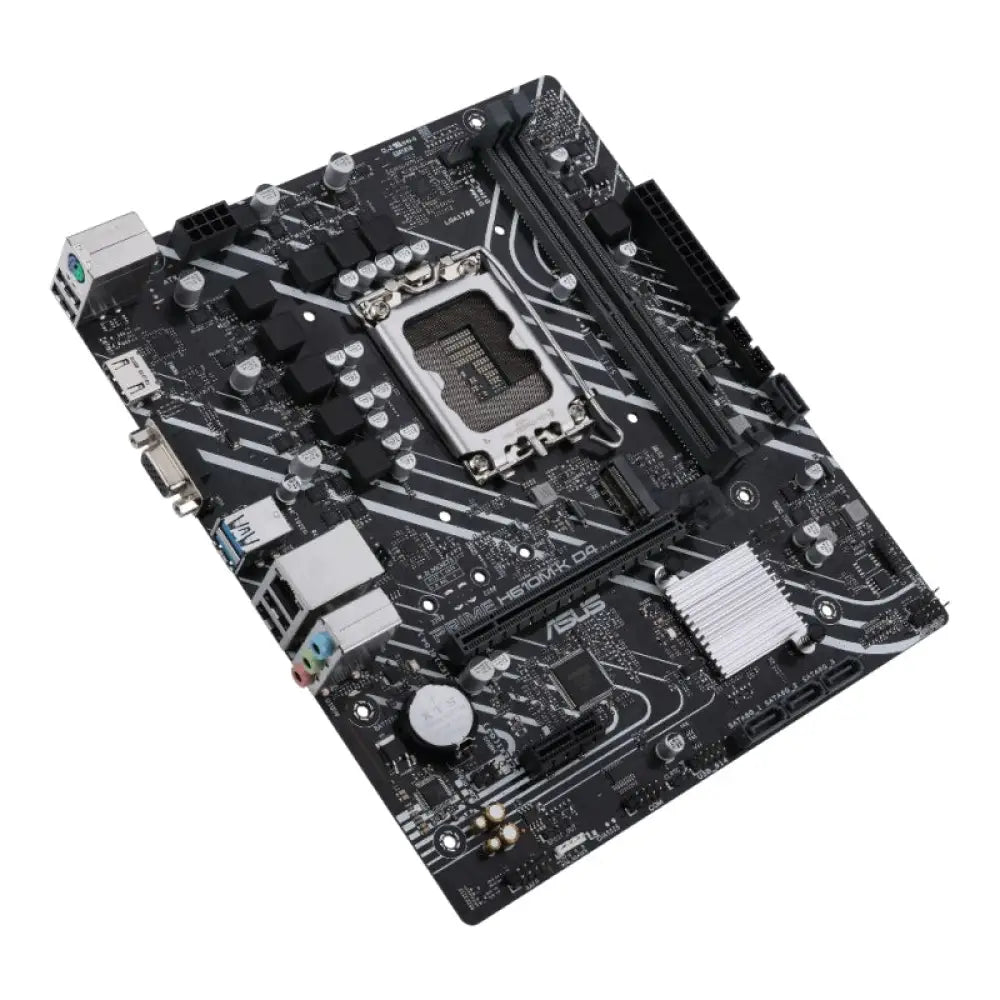 Placa base ASUS PRIME H610M-K D4 para socket Intel 1700, tamaño mATX, con puertos y componentes visibles.