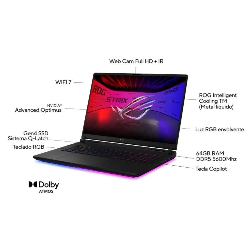 ASUS ROG Strix SCAR 18 G835LX-SA046W - Ordenador Portátil Gaming de 18" WQXGA 240Hz (Intel Core Ultra 9 275HX. 64GB RAM. 4TB SSD. NVIDIA RTX 5090 24GB. Windows 11 Home) Negro - Teclado QWERTY español - detalle
