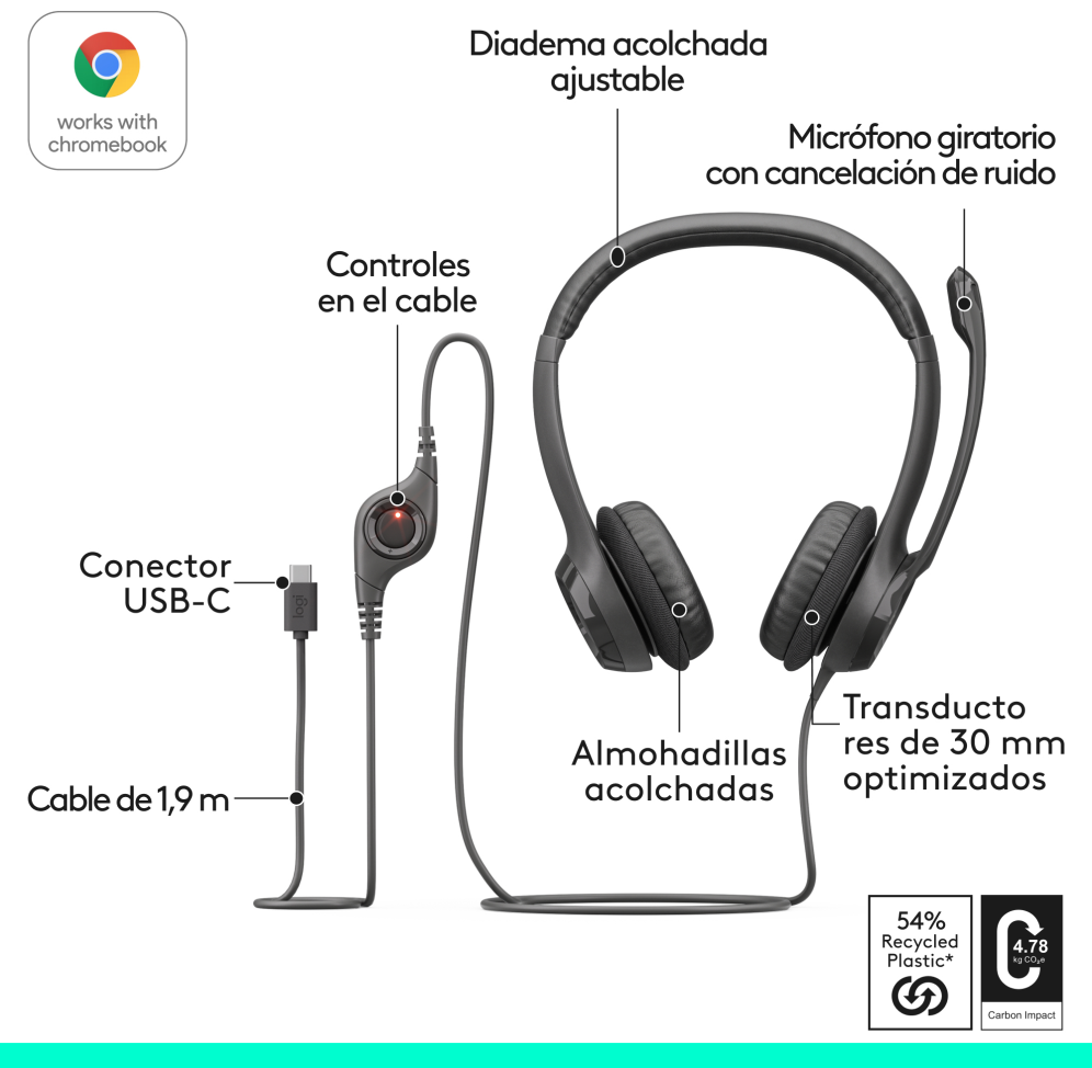 AURICULAR PROFESIONAL LOGITECH H390 USB-C HEADSET BLACK - detalle