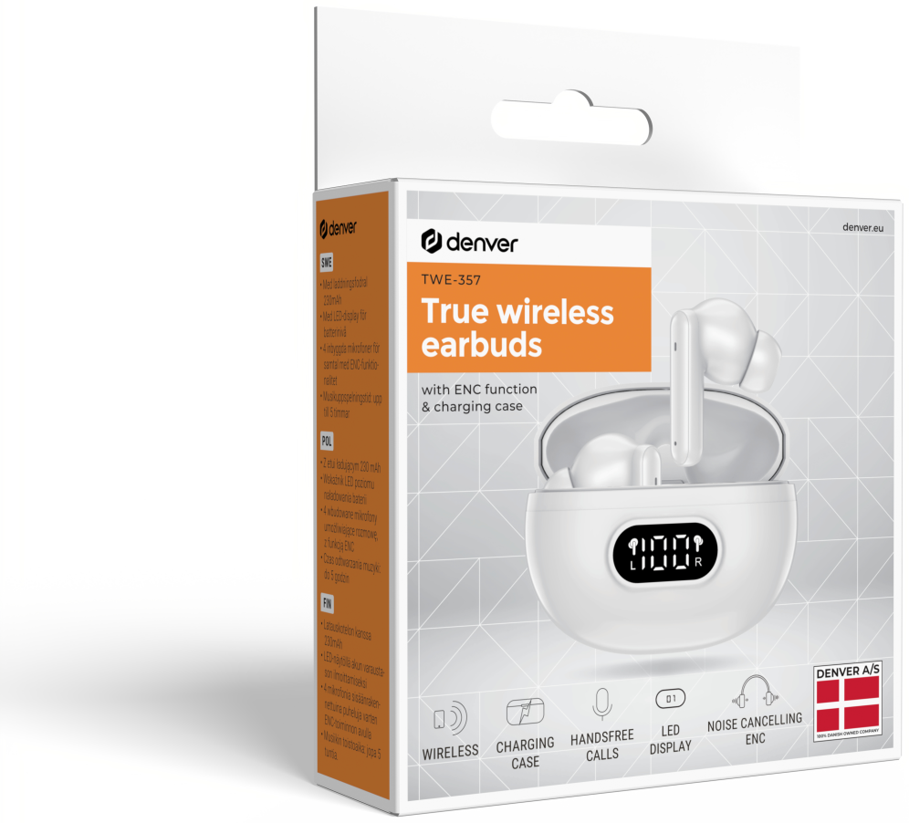 AURICULARES BLUETOOTH DENVER INALAMBRICOS CON ENC (4 MICROFONOS) BLANCO - detalle