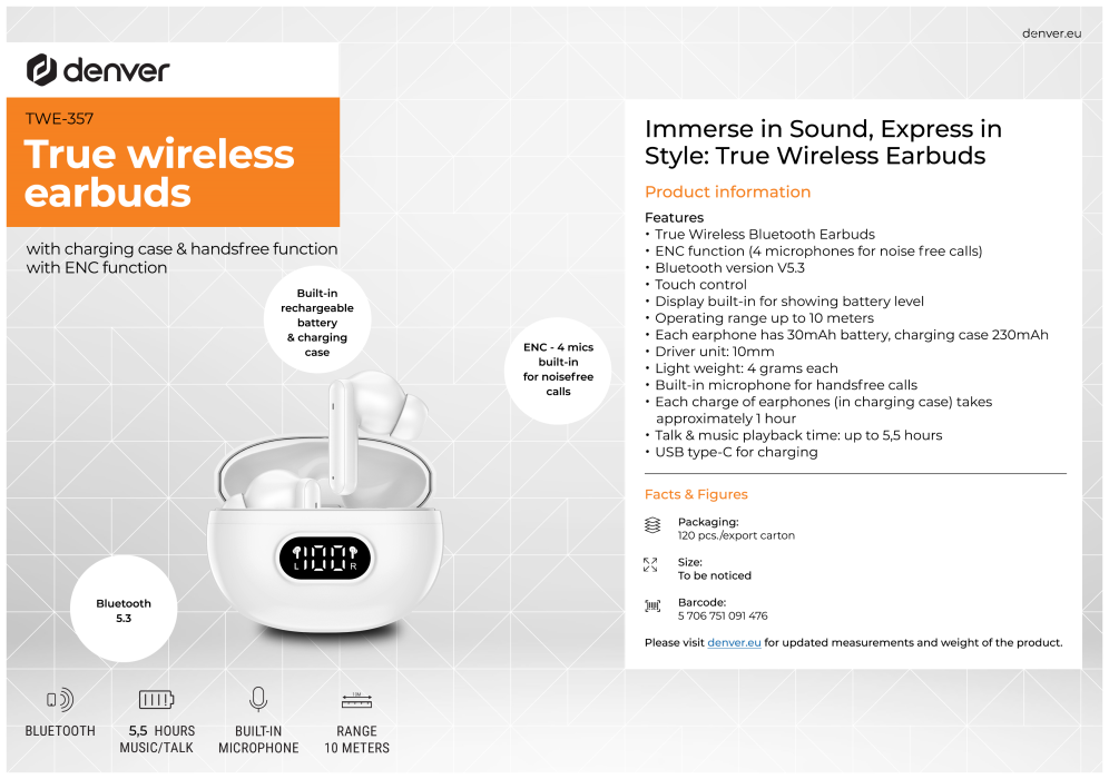 AURICULARES BLUETOOTH DENVER INALAMBRICOS CON ENC (4 MICROFONOS) BLANCO - detalle