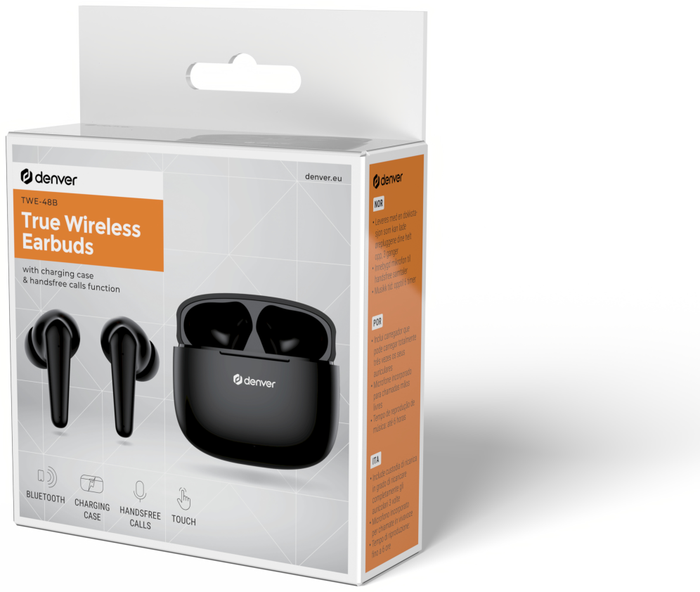 AURICULARES BLUETOOTH DENVER TWE-48B INALAMBRICOS NEGROS - detalle