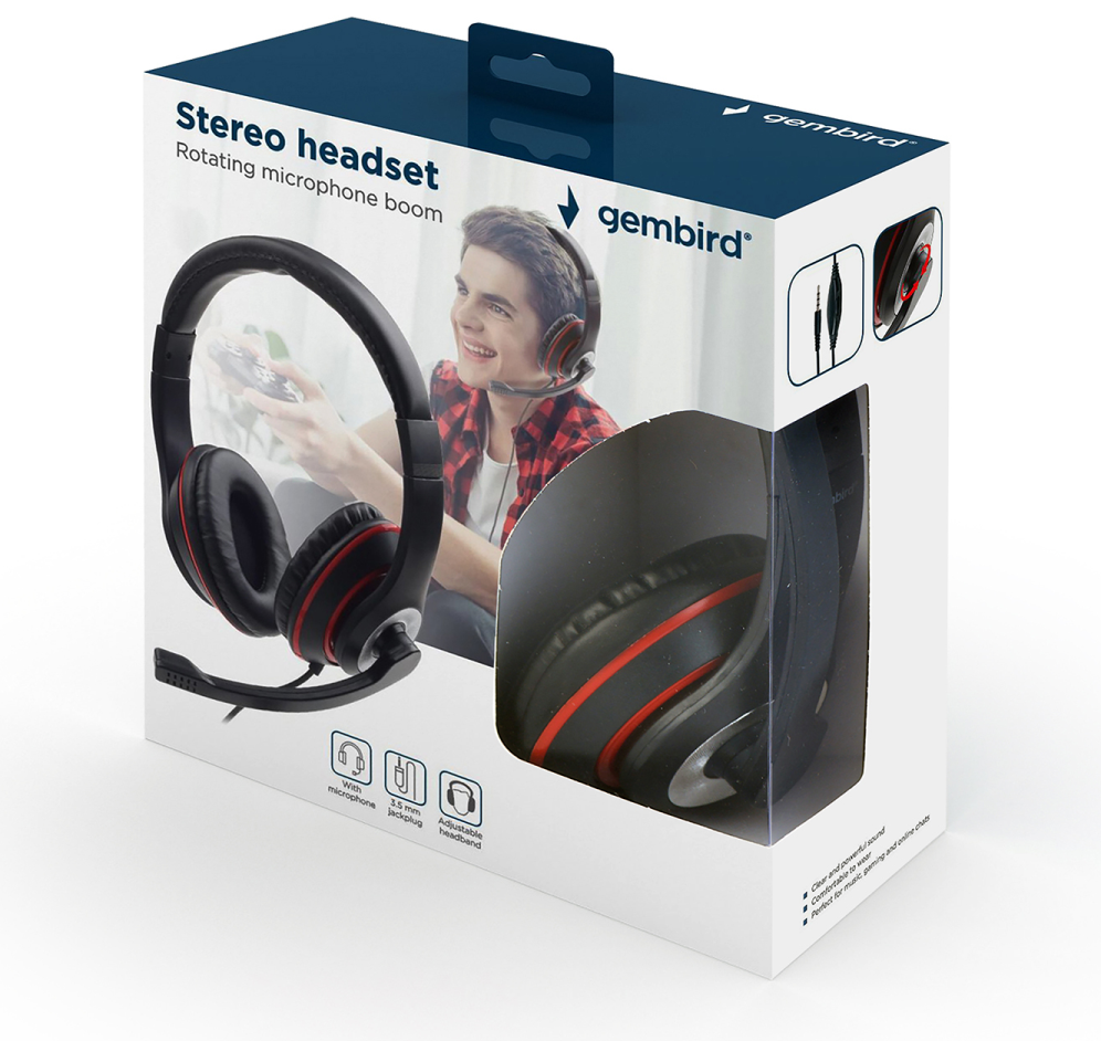 AURICULARES GEMBIRD MHS-03-BKRD NEGRO ROJO MICROFONO ALAMBRICO 3.5MM - detalle