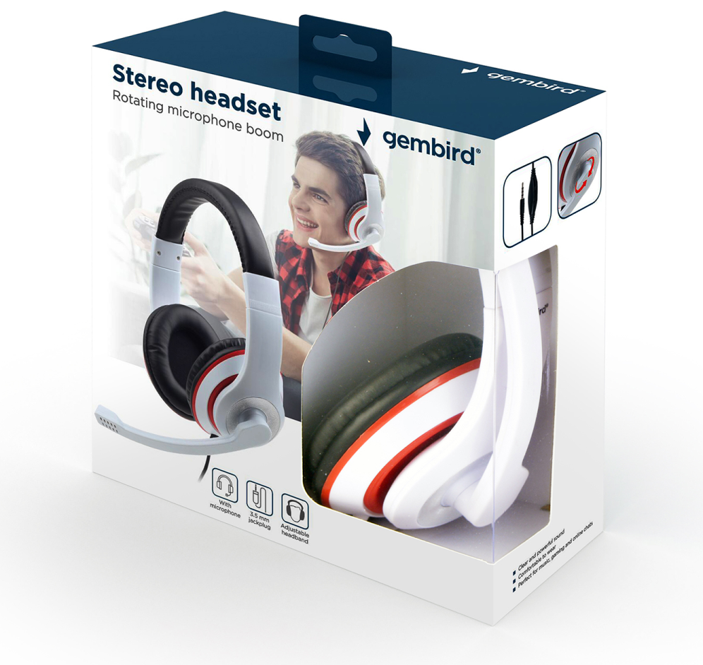 AURICULARES GEMBIRD MHS-03-WTRDBK BLANCO NEGRO ROJO MICROFONO ALAMBRICO JACK - detalle