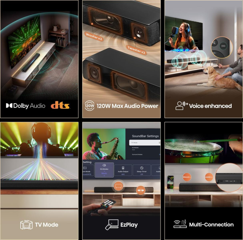BARRA DE SONIDO HISENSE HS1000 120W DOLBY STEREO 2 CANALES BT 5.3 HDMI - detalle