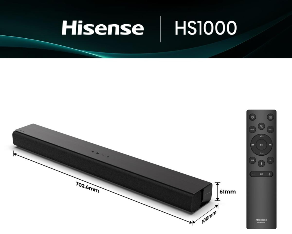 BARRA DE SONIDO HISENSE HS1000 120W DOLBY STEREO 2 CANALES BT 5.3 HDMI - detalle