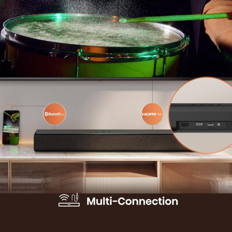 BARRA DE SONIDO HISENSE HS1000 120W DOLBY STEREO 2 CANALES BT 5.3 HDMI - detalle