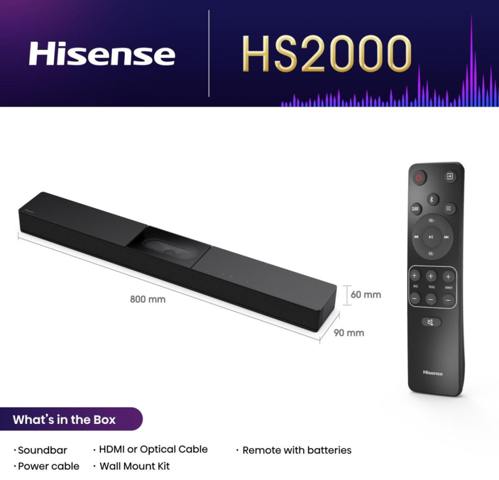BARRA SONIDO HISENSE HS2000 2.1 SUBWOOFER INTEGRADO 240W DOLBY DIGITAL BT - detalle