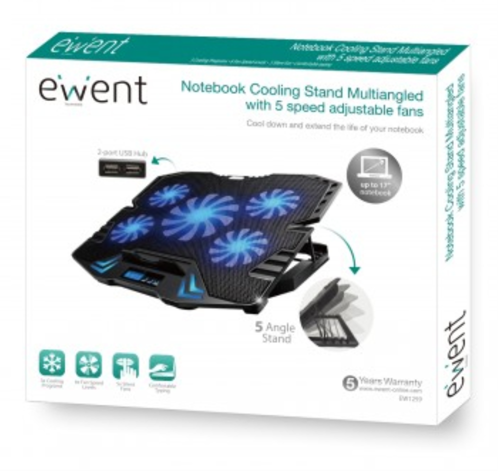 BASE EWENT PORTATIL-5 SILENT FAN UP TO 17"-2P USB-5 SPEED FAN-2 COOLING MODE - detalle