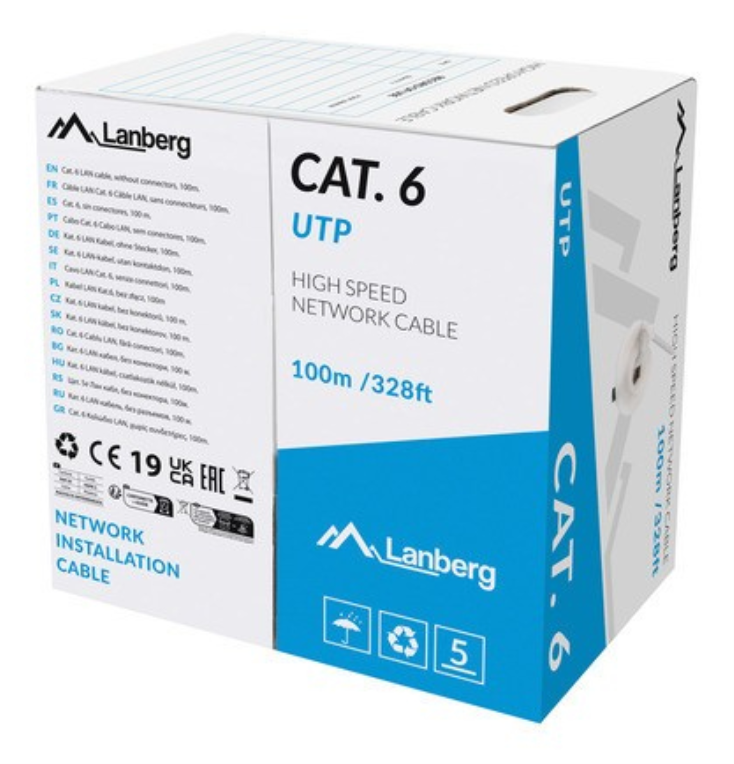 BOBINA CABLE DE RED LANBERG RJ45 CAT.6 UTP SOLIDO CU CPR 100M GRIS FLUKE PASSED