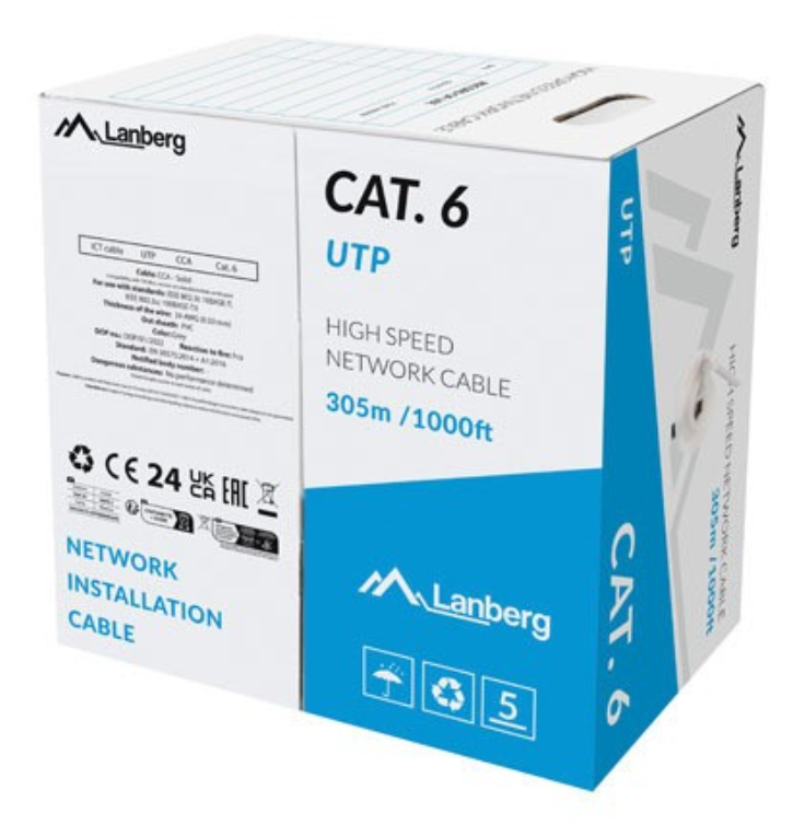 BOBINA CABLE DE RED LANBERG UTP RJ45 CAT.6 SOLIDO CCA 305M GRIS FLUKE PASSED CF