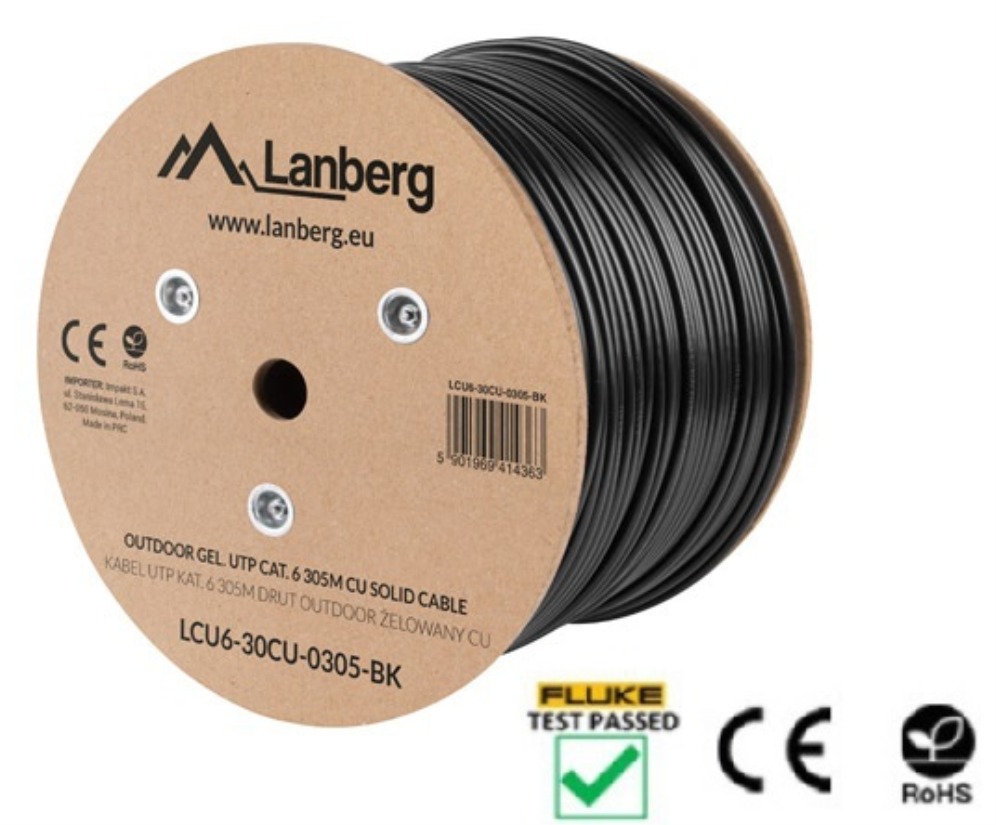 BOBINA CABLE RED LANBERG EXTERIOR UTP RJ45 CAT.6 GEL-FILLED CU AWG24 305M NEGRO - detalle