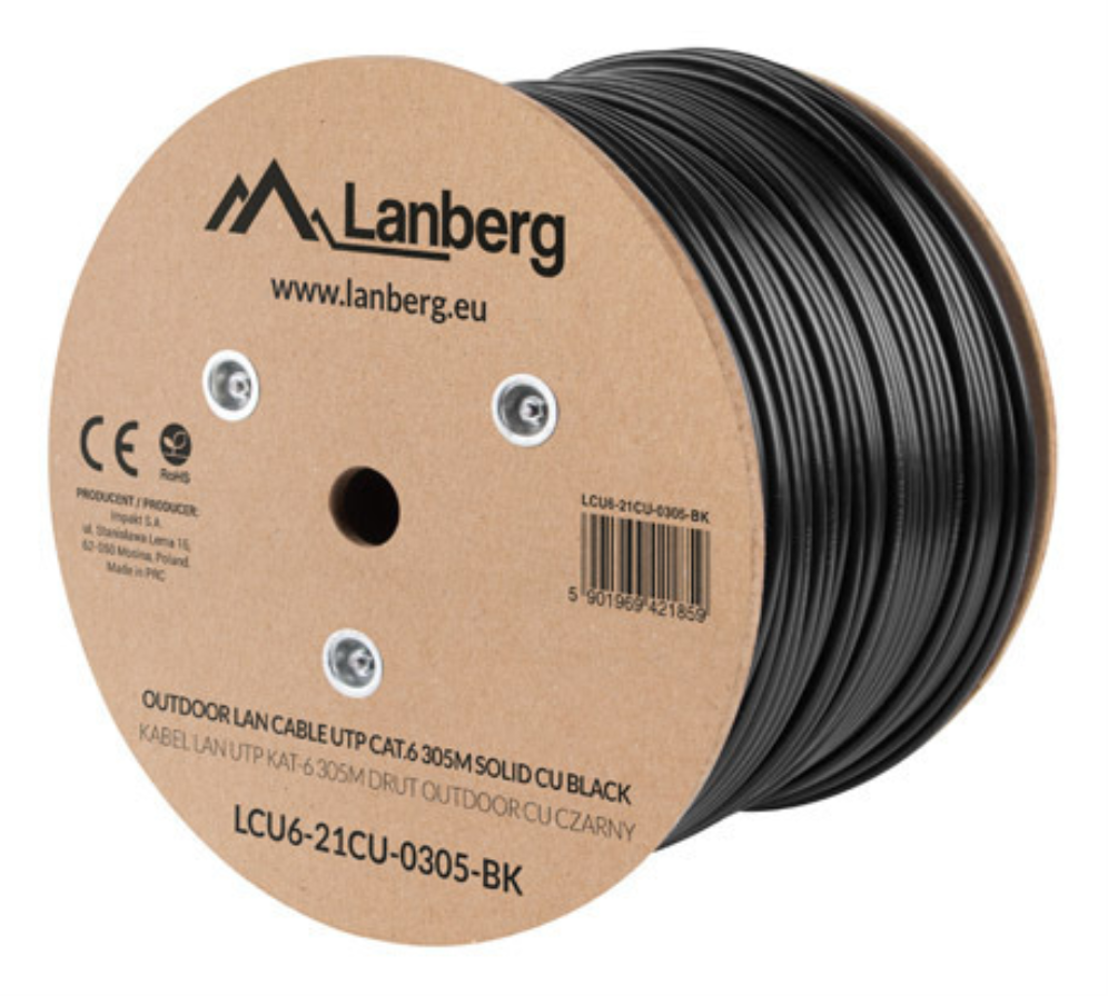 BOBINA CABLE RED LANBERG EXTERIOR UTP RJ45 CAT.6 SOLIDO CU AWG24 305M NEGRO FLU