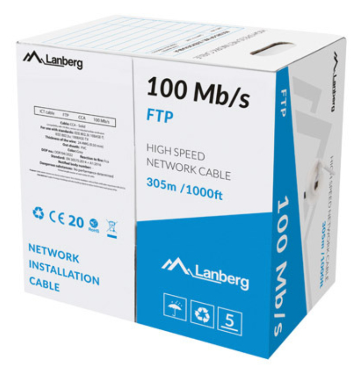 BOBINA CABLE RED LANBERG FTP RJ45 100 MB/S SOLIDO CCA AWG24 305M GRIS - detalle