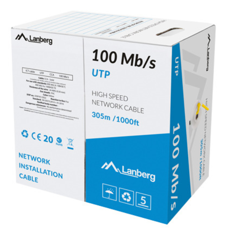 BOBINA CABLE RED LANBERG UTP RJ45 100 MB/S SOLIDO CCA AWG24 305M AMARILLO