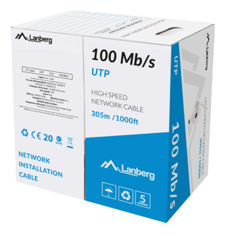 BOBINA CABLE RED LANBERG UTP RJ45 100MB/S SOLIDO CCA AWG24 305M GRIS