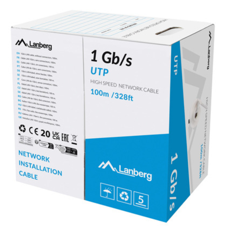 BOBINA CABLE RED LANBERG UTP RJ45 1GB/S SOLIDO CCA AWG23 100M GRIS